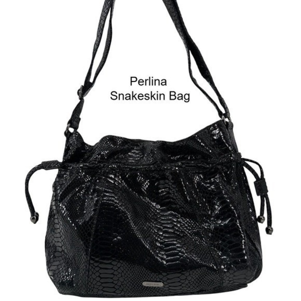 Perlina Black Snakeskin Embossed Shoulder Bag Drawstring Hobo Pink Polka Dot